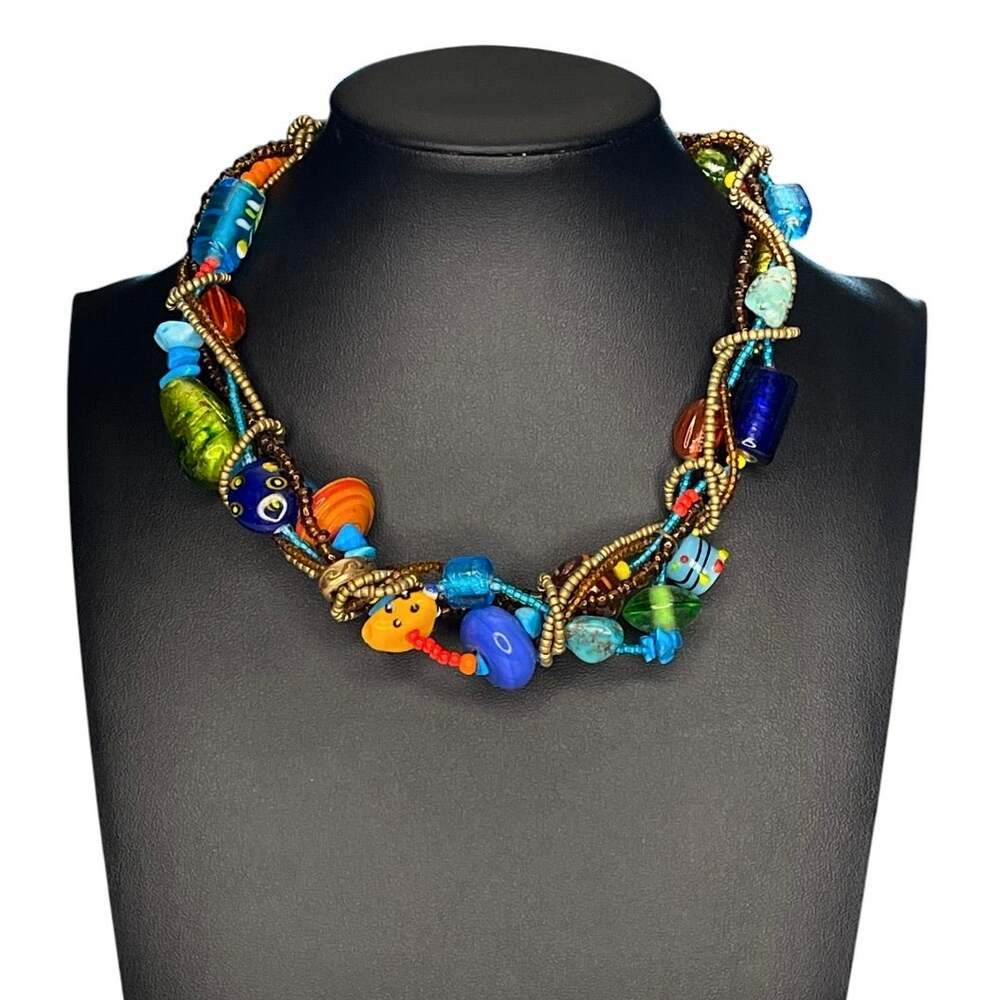 CHICO'S Signed MULTI-STRAND COLORFUL BEADED TWIST Necklace 16” to 20” Long